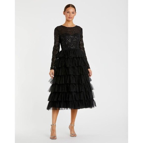 Mac Duggal Size 8 Black 26299 Sequin Long Sleeve Ruffle Tiered Midi Dress $498 - Picture 1 of 12